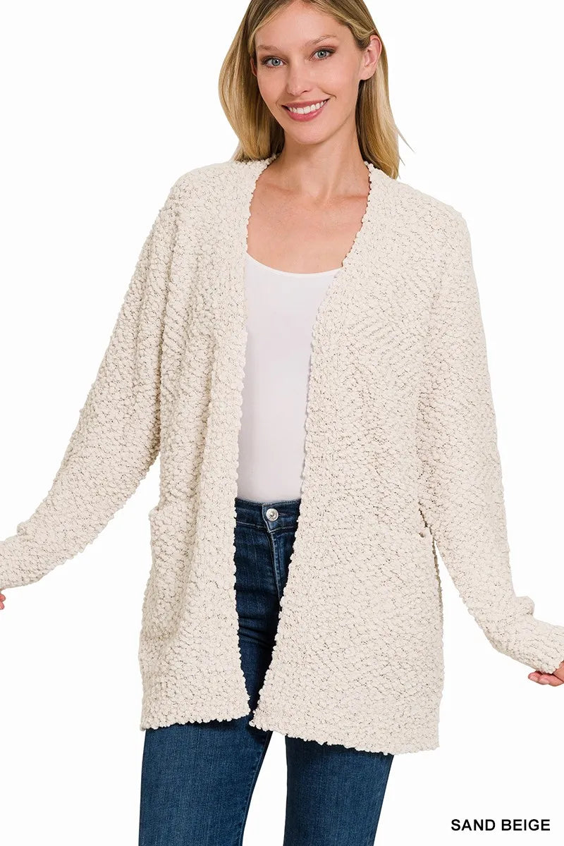 Sand Beige Zenana Long Sleeve Popcorn Sweater Cardigan With Pockets 2