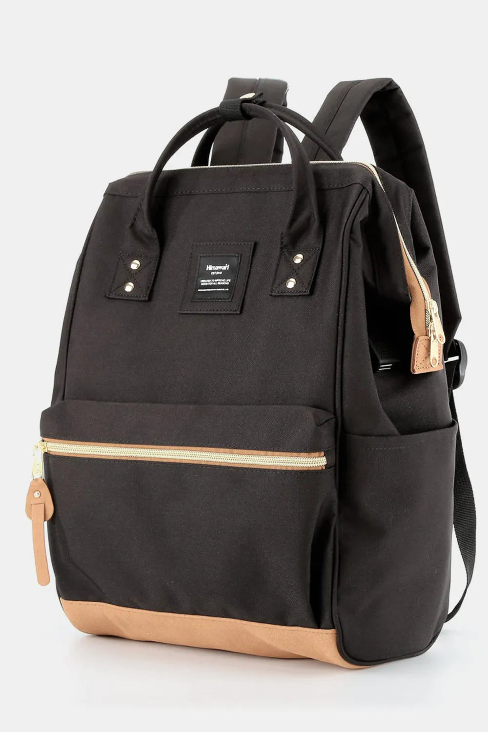 Black Himawari Contrast Waterproof Canvas Backpack Bag With Side Pockets