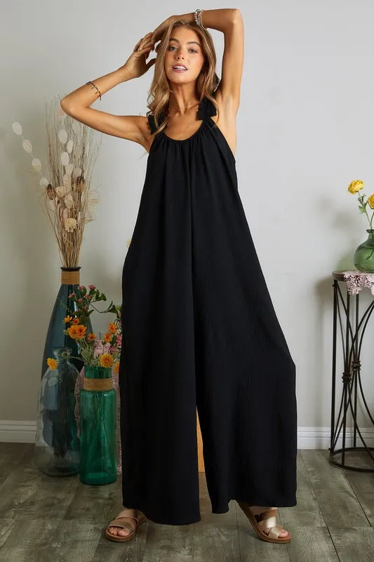 Black Adora Elastic Ruffle Shoulder Jumpsuit