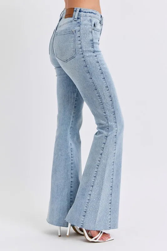 Lt Judy Blue Full Size Mid Rise Rhinestone Side Panel Detail Flare Jeans Plus Size