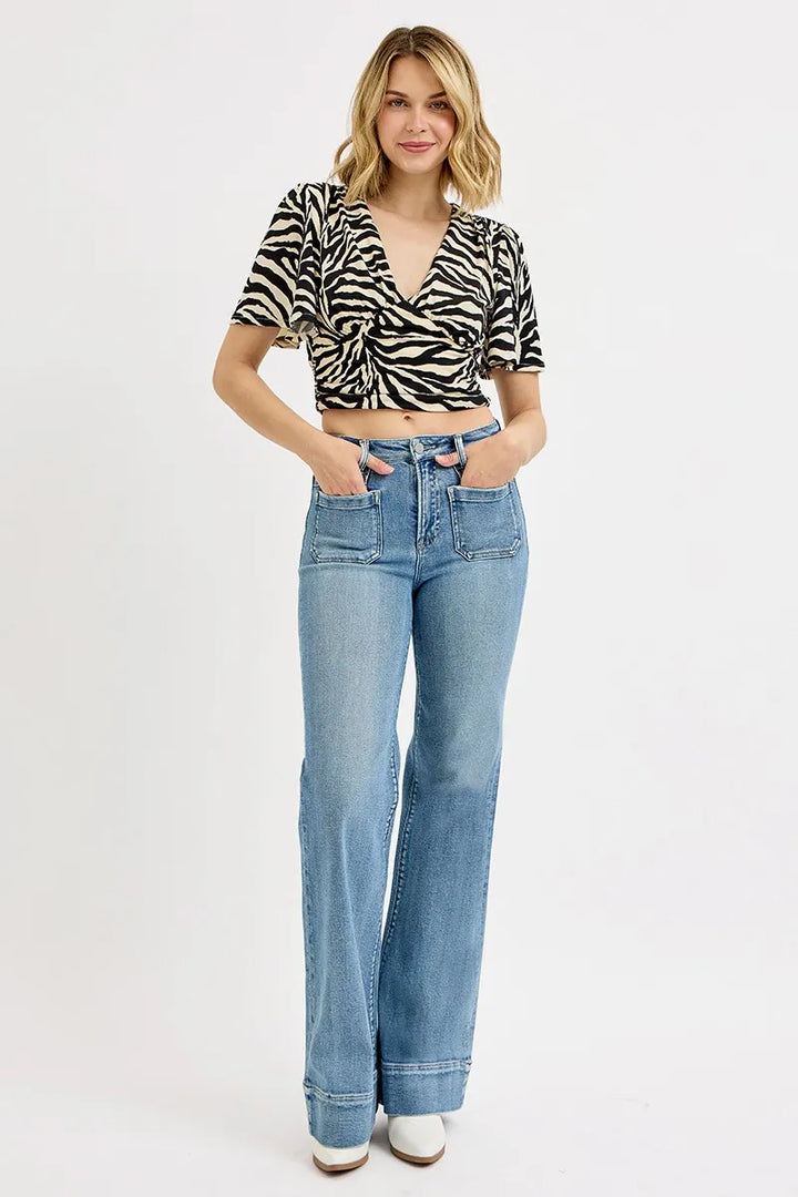 Medium Risen Full Size High Rise Wide Flare Patch Pocket Jeans Plus Size