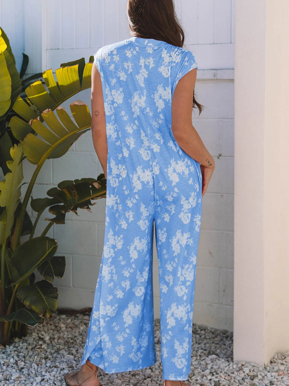 Light Blue Printed Button Front Wide Leg Jumpsuit