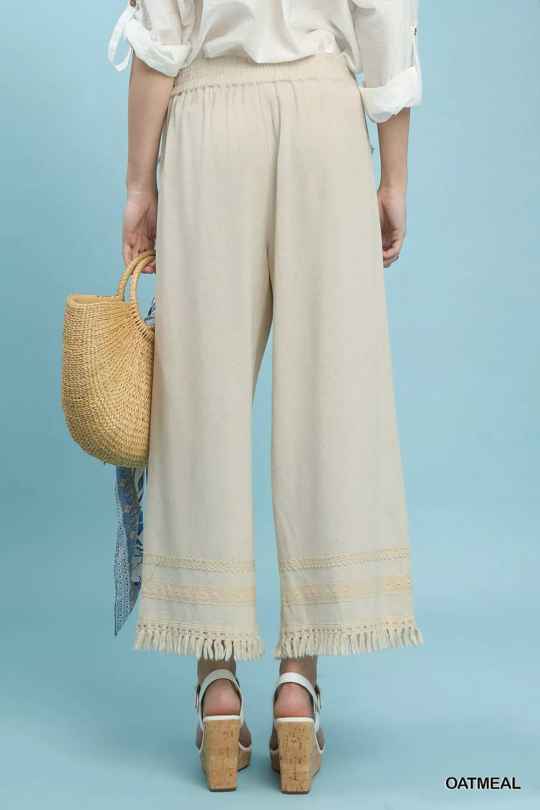 Oatmeal Umgee Lace Trim Fringe Hem Wide Leg Pants 1