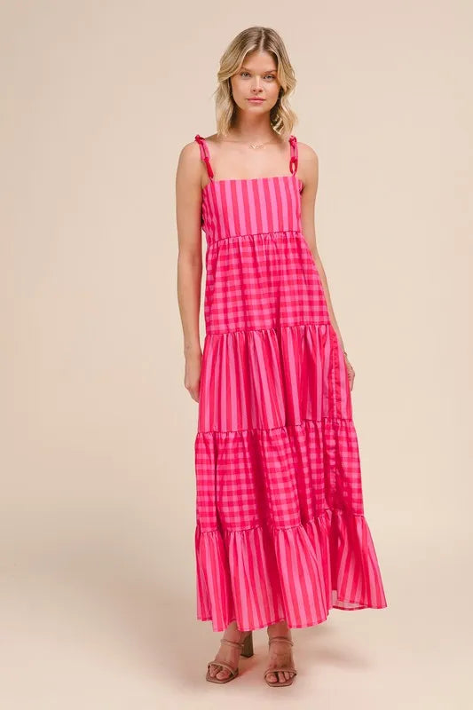 Pink/Red So Me Stripe Tiered Maxi Dress With Colorful Chain Strap
