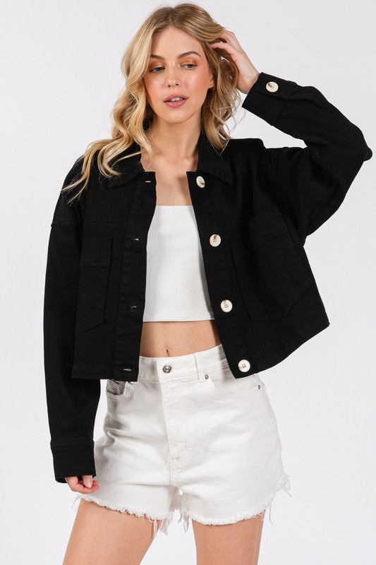 Bytos Button Down Cropped Denim Jacket With Patch Pockets 1