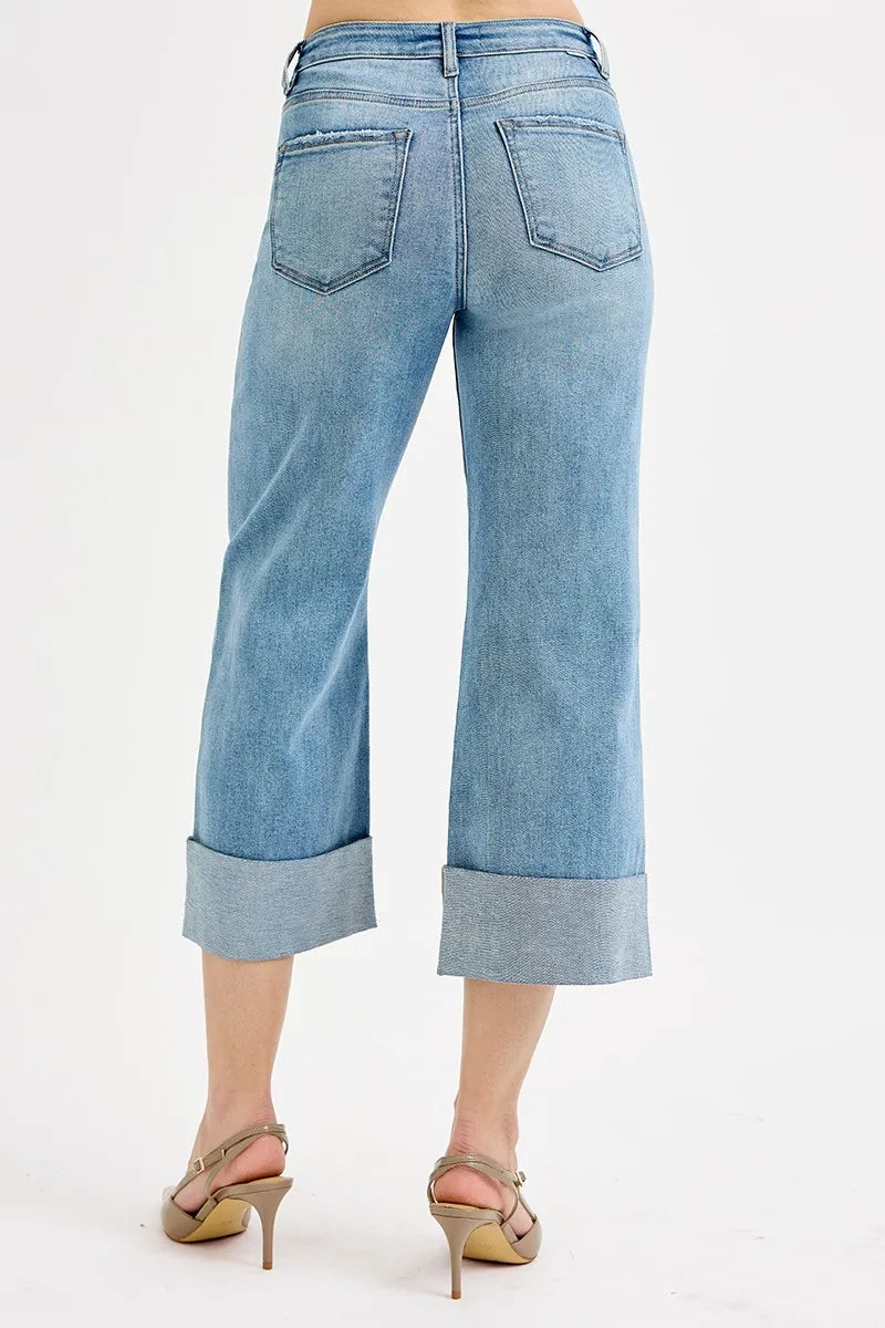 Medium Risen Full Size Tummy Control High Rise Ankle Wide Cuffed Jeans Plus Size
