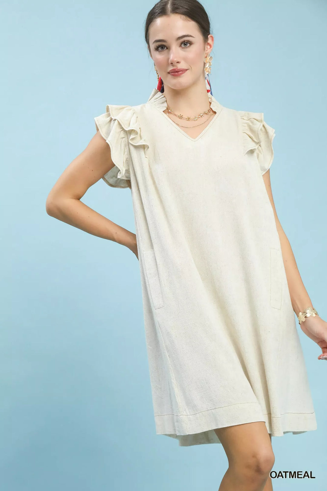 Umgee Linen Flutter Sleeve Shift Dress With Pockets