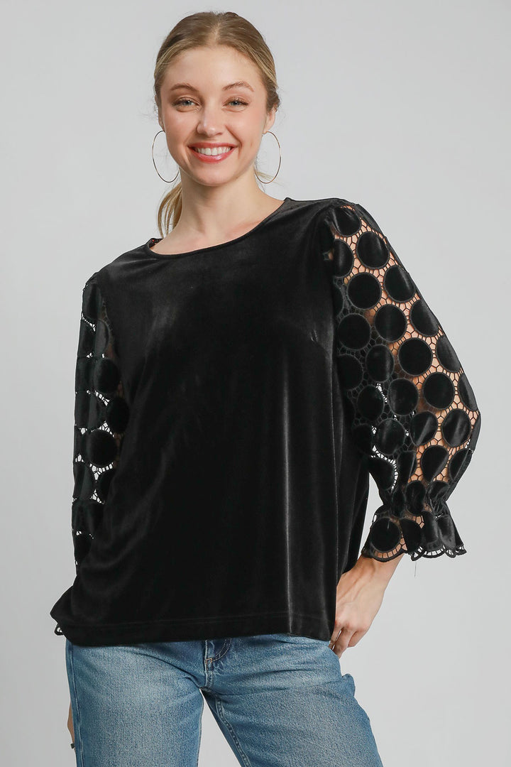 Black Umgee Polka Dot Lace Long Sleeve Round Neck Blouse