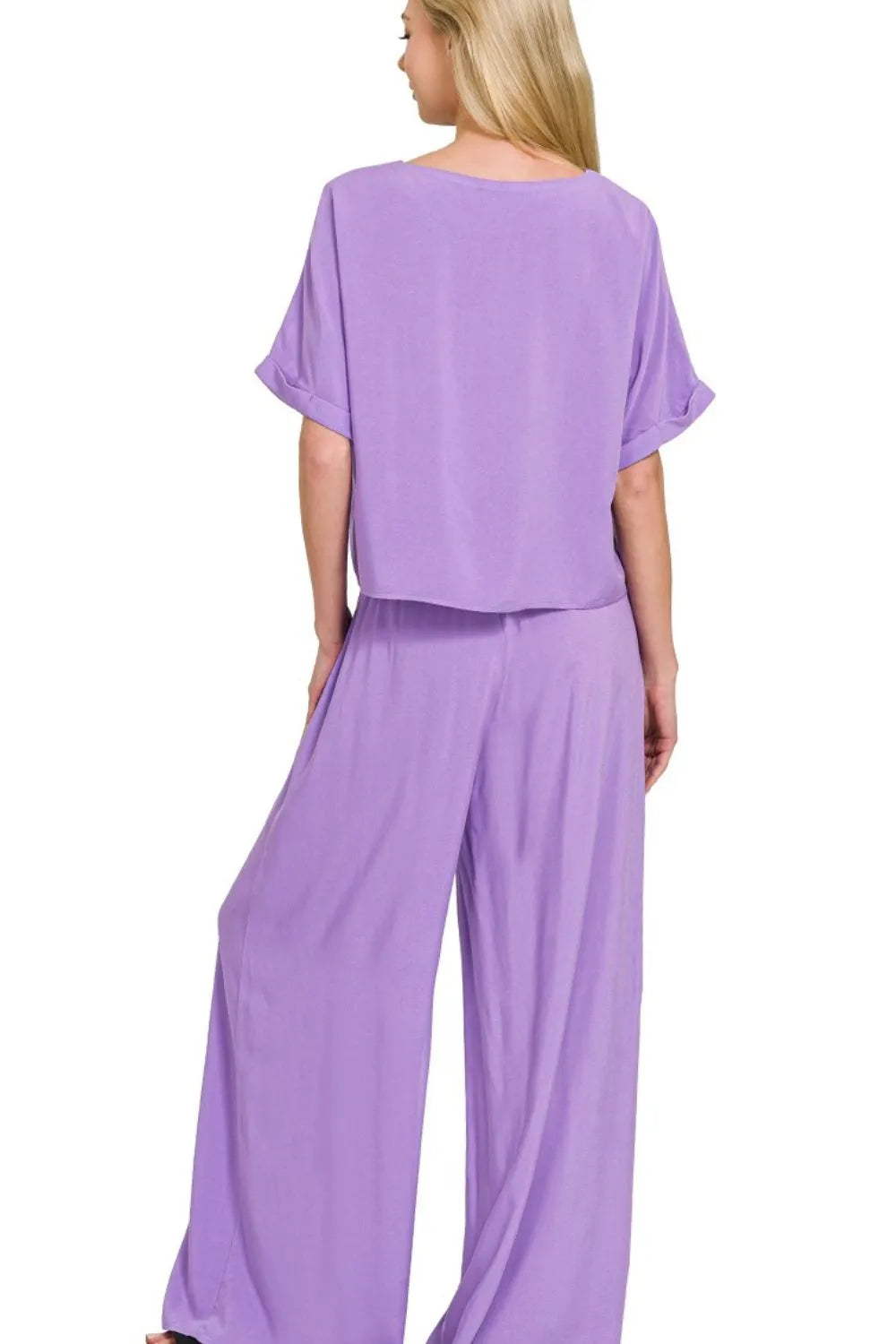 Lavender Zenana Round Neck T Shirt And Wide Leg Pants Set