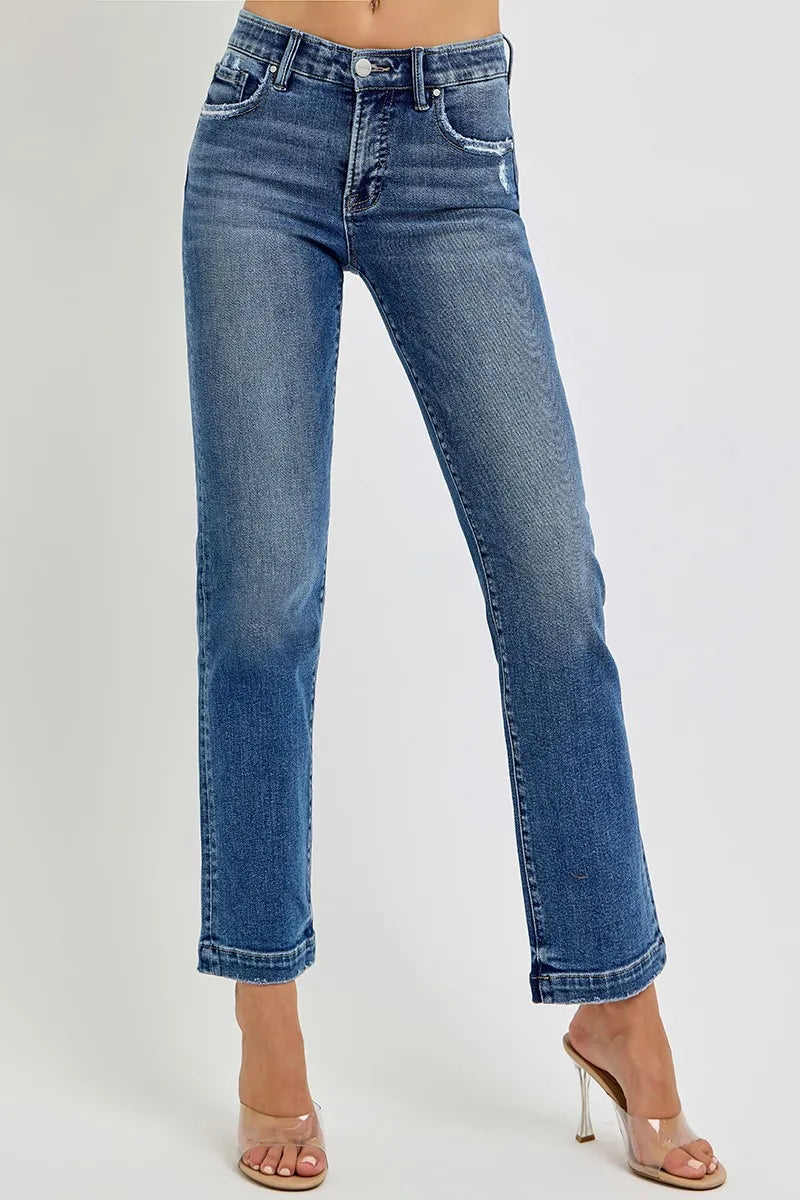 Dark Risen Full Size Tummy Control Elastic Band Mid Rise Straight Jeans Plus Size