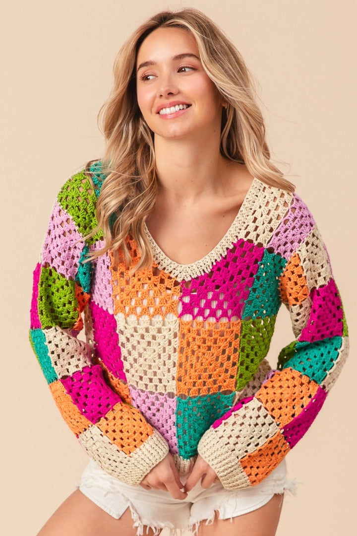 Oatmeal Multi Bibi Multi Color Checkered Long Sleeve Knit Top