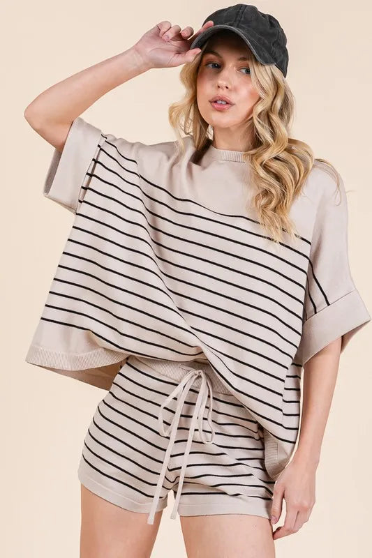 Lime N Chili Striped Folded Half Sleeve Top And Shorts Set