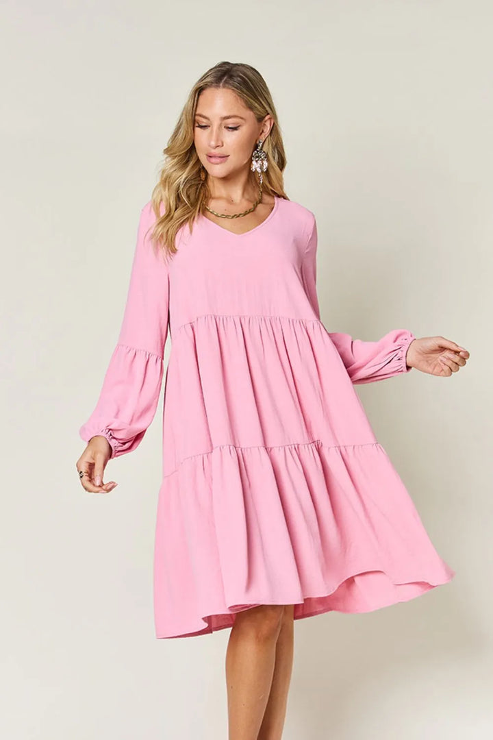 Pink Double Take Full Size V Neck Balloon Sleeve Tiered Dress With Pockets