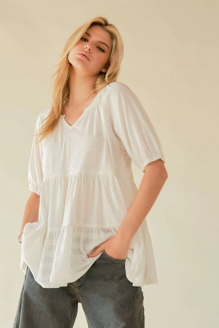 White Davi Dani Ruffled Flared Short Sleeve V Neck Blouse