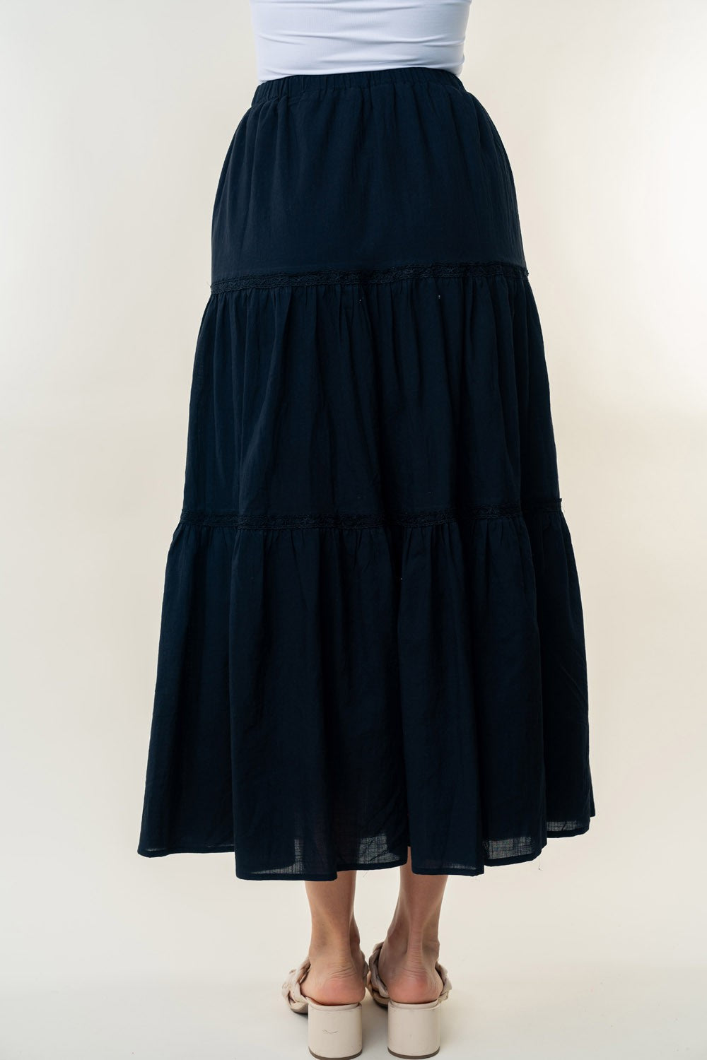 Black White Birch High Waisted Tiered Maxi Skirt