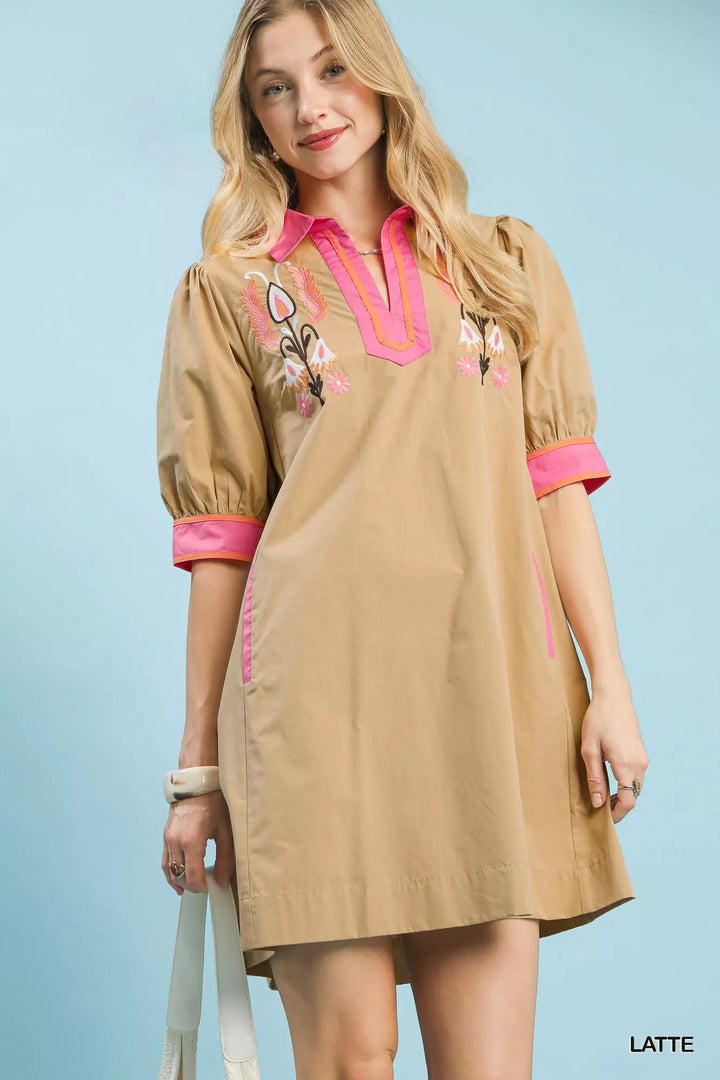 Latte Umgee Embroidered Contrast Trim Tunic Dress