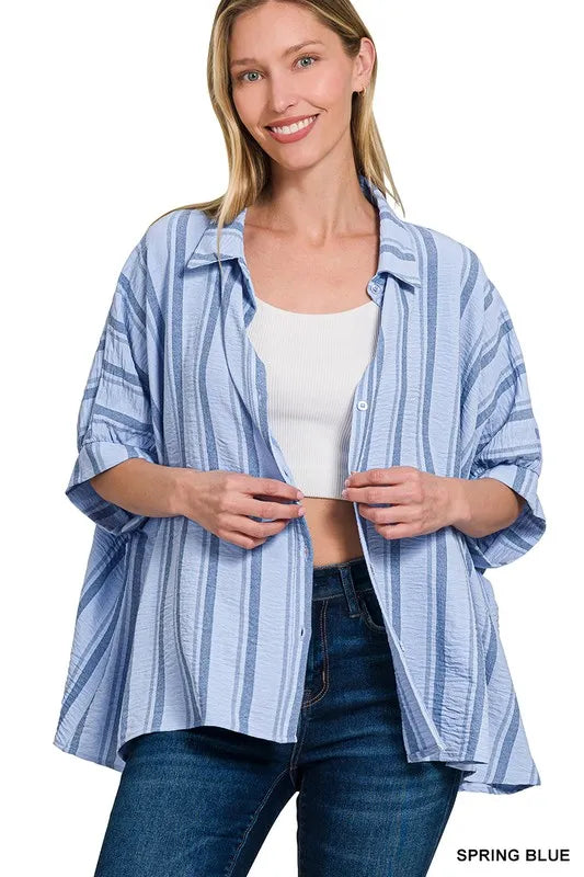 Spring Blue Zenana Woven Yarn Dye Stripe Oversized Button Down Shirt 2