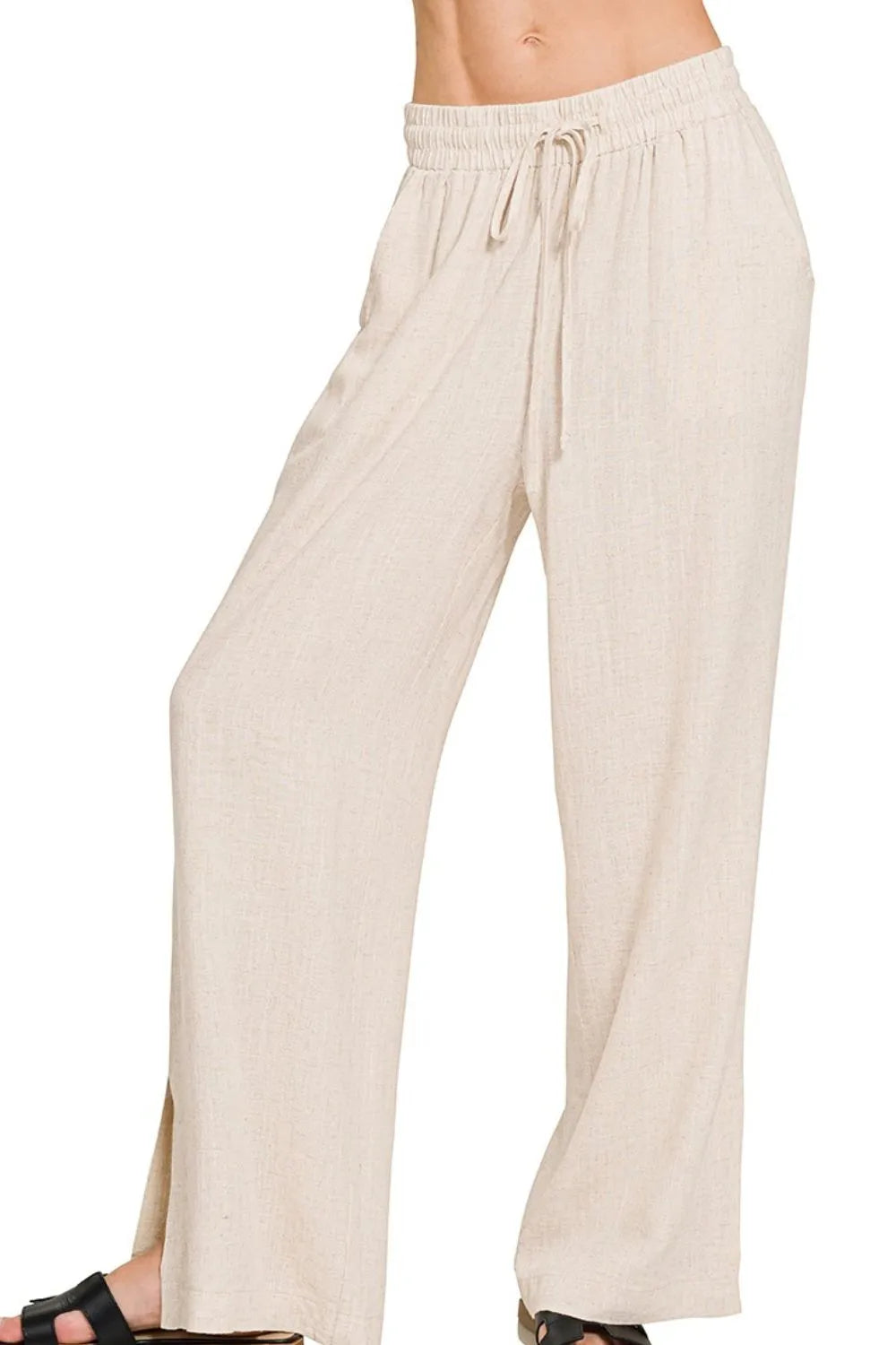Sand Beige Zenana Linen Drawstring Pants 1
