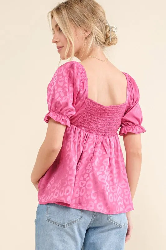 Fuchsia And The Why Satin Leopard V Wired Puff Sleeves Blouse 1