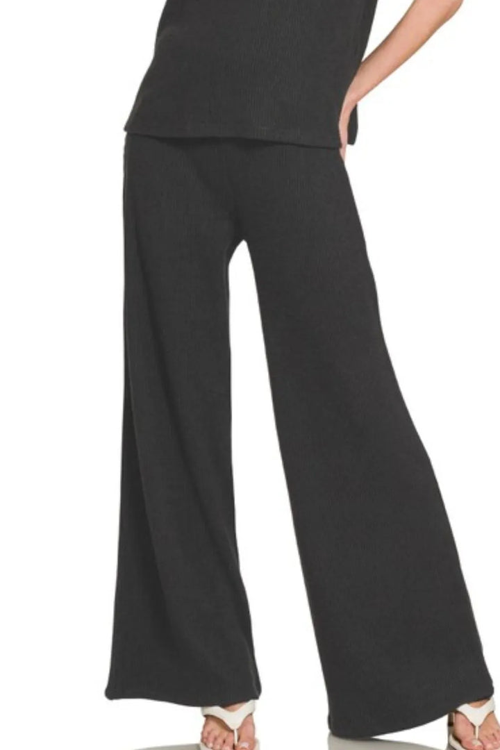 Black Zenana Rolled Sleeve Top And Pants Sweater Set 2