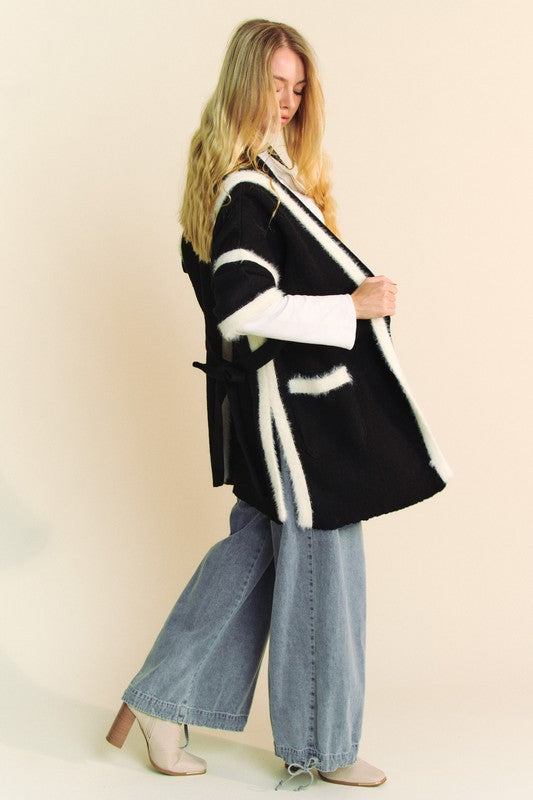 Black Davi Dani Fuzzy Trim Open Front Loose Fit Cardigan