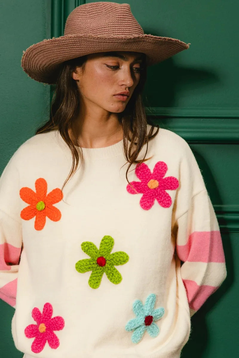 Oatmeal Bibi Colorful Floral Patched Sweater With Striped Sleeve