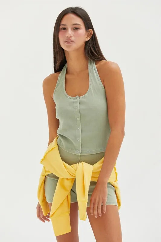 Sage Green Hyfve Halter Neck Buttoned Washed Top 2