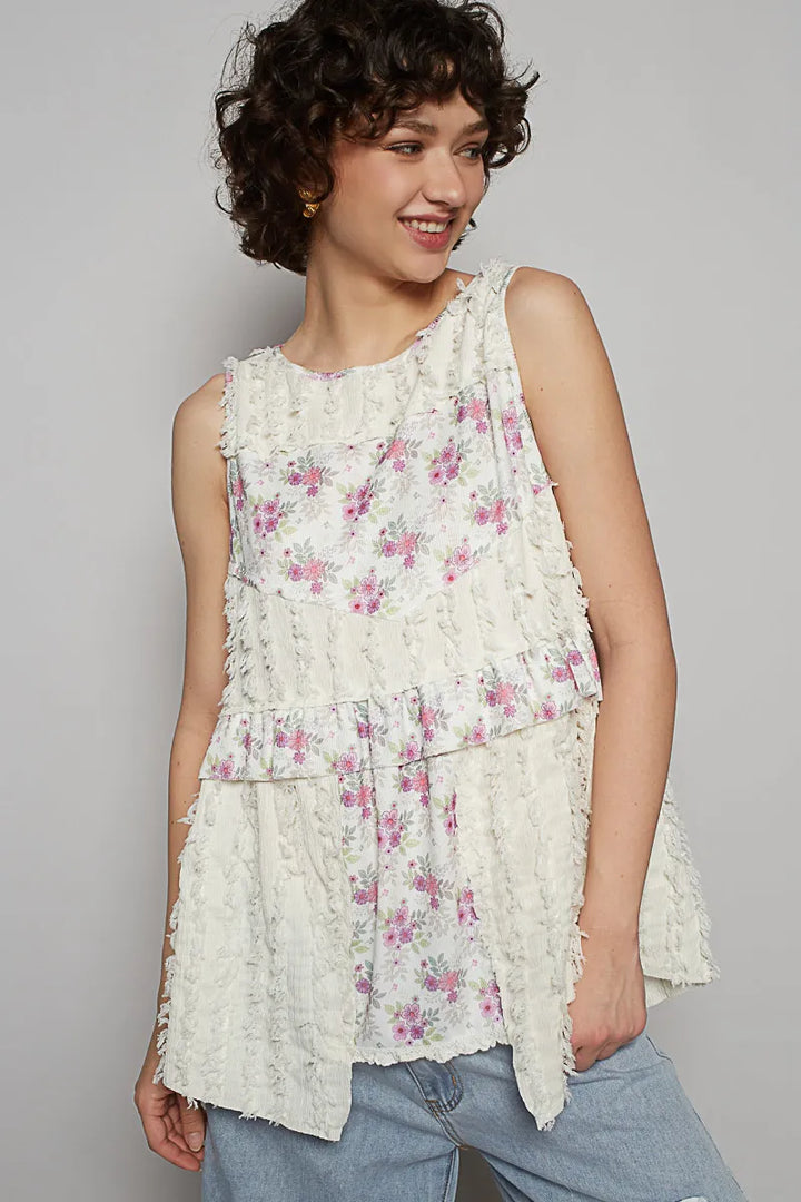 Pol Floral Textured Round Neck Sleeveless Top