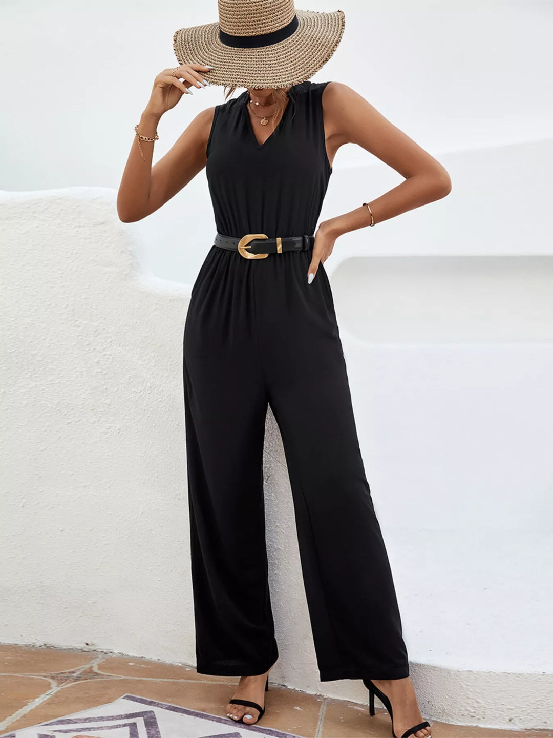 Black Sleeveless V Neck Wide Leg Jumpsuit