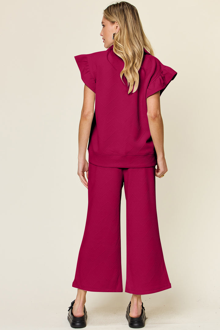 Royal Blue Double Take Texture Ruffle Short Sleeve Top And Drawstring Wide Leg Pants Set