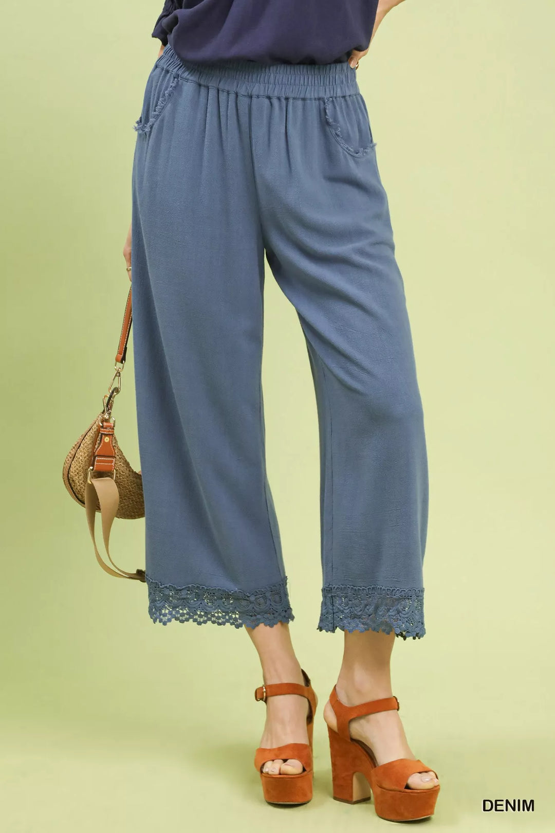 Denim Umgee Linen Wide Leg Cropped Pants With Lace Trim 1