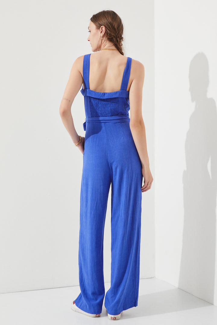 Royal Blue Sleeveless Adjustable Strap Button Down Jumpsuit