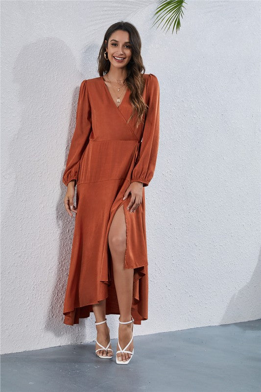 Rust Womens V Neck Long Sleeve Maxi Dress