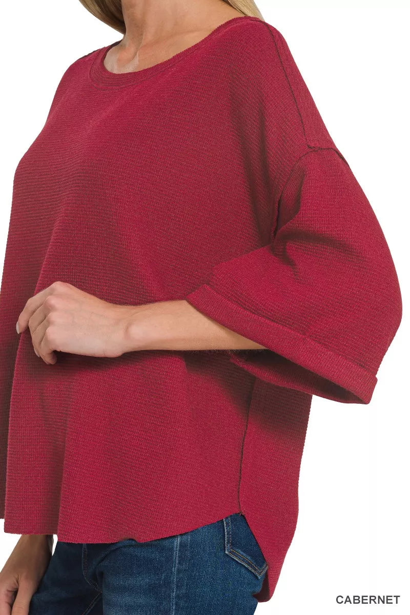 Cabernet Zenana Double Knit Exposed Seam Curved Hem Top
