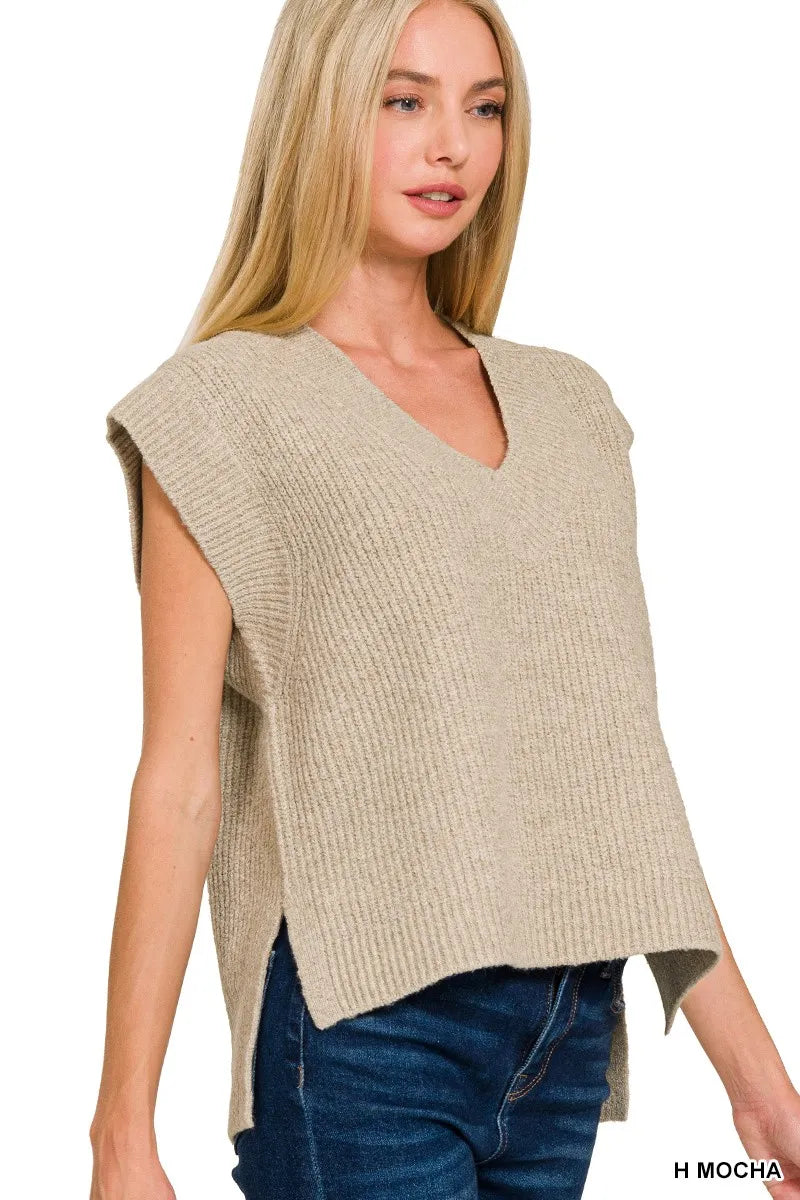 H Mocha Zenana Oversized Sweater Vest With Side Slit