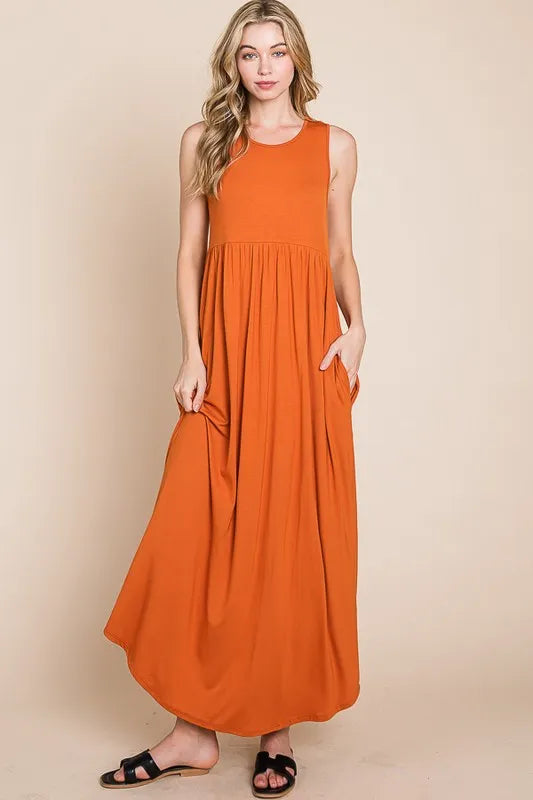 Rust Bombom Sleeveless Maxi Dress With Pockets