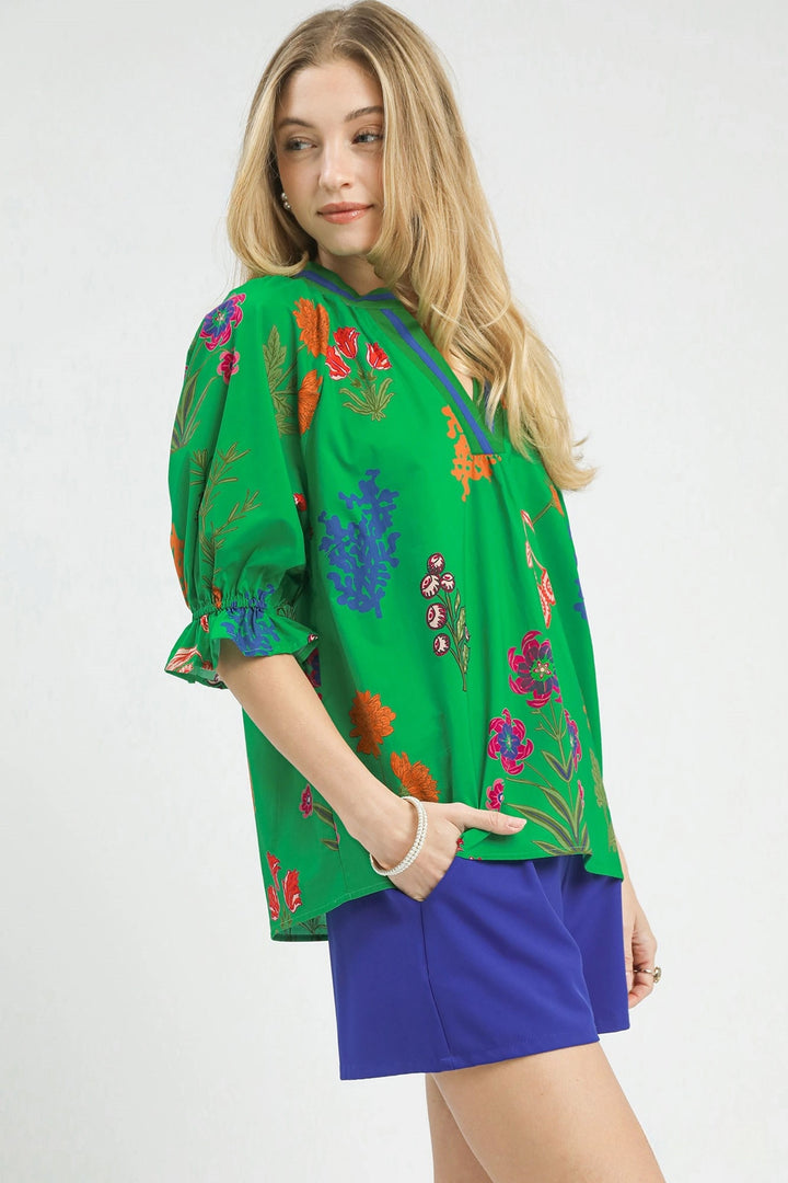 Island Green Umgee Floral Split Neck Puff Sleeve Top