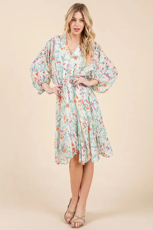 Lime N Chili Floral Cinched Waist Balloon Sleeve V Neck Dress