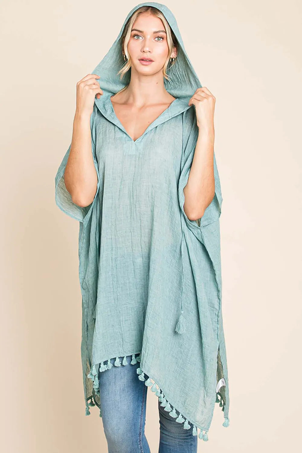 Mint Cotton Bleu By Nu Label Tassel Hem Hooded Cover Up