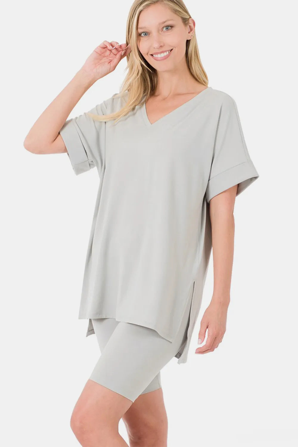 Lt Grey Zenana Full Size V Neck Short Sleeve Slit T Shirt And Shorts Set 1