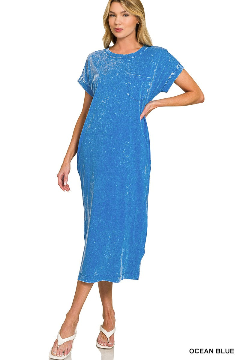 Ocean Blue Zenana Washed Exposed Seam Short Sleeve T Shirt Dress 3