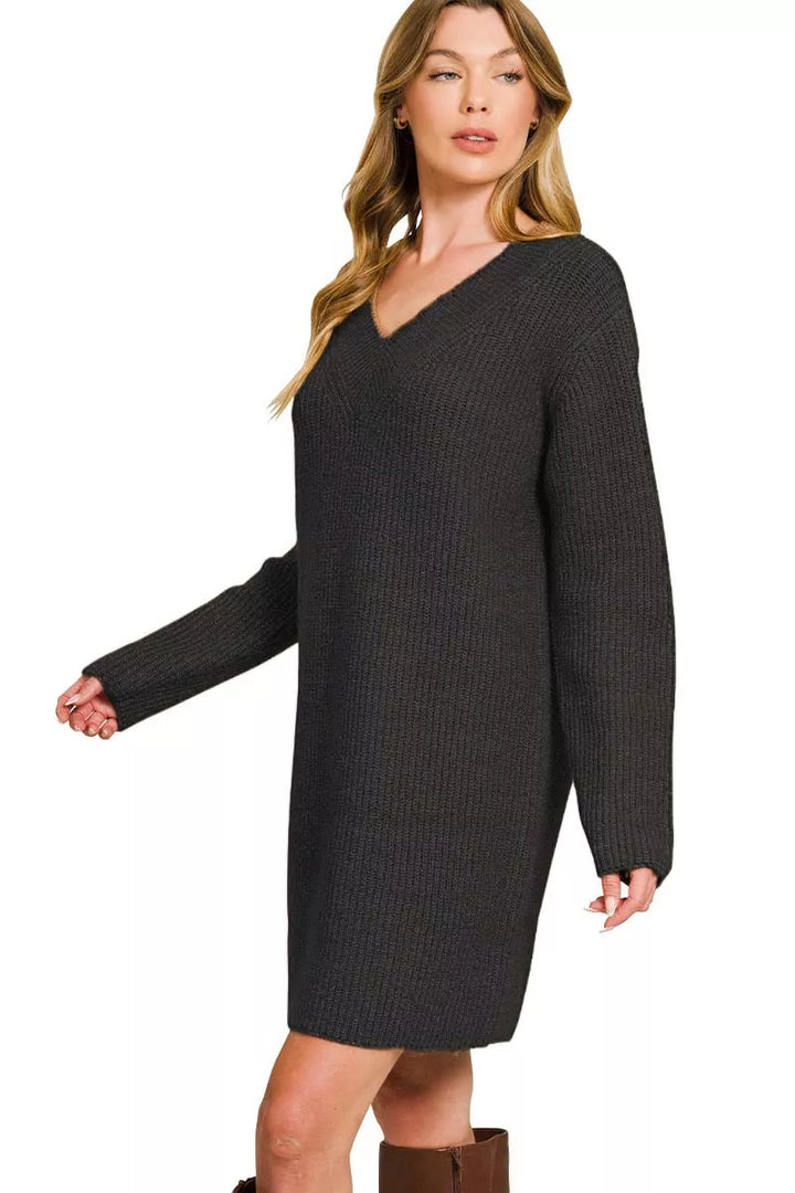 Black V Neck Long Sleeve Ribbed Sweater Dress