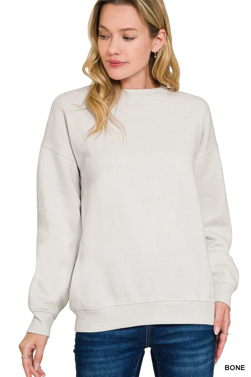 Bone Zenana Fleece Crewneck Long Sleeve Sweatshirt
