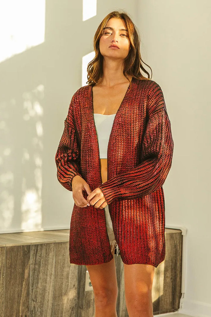 Bibi Metallic Knit V Neck Open Sweater Cardigan