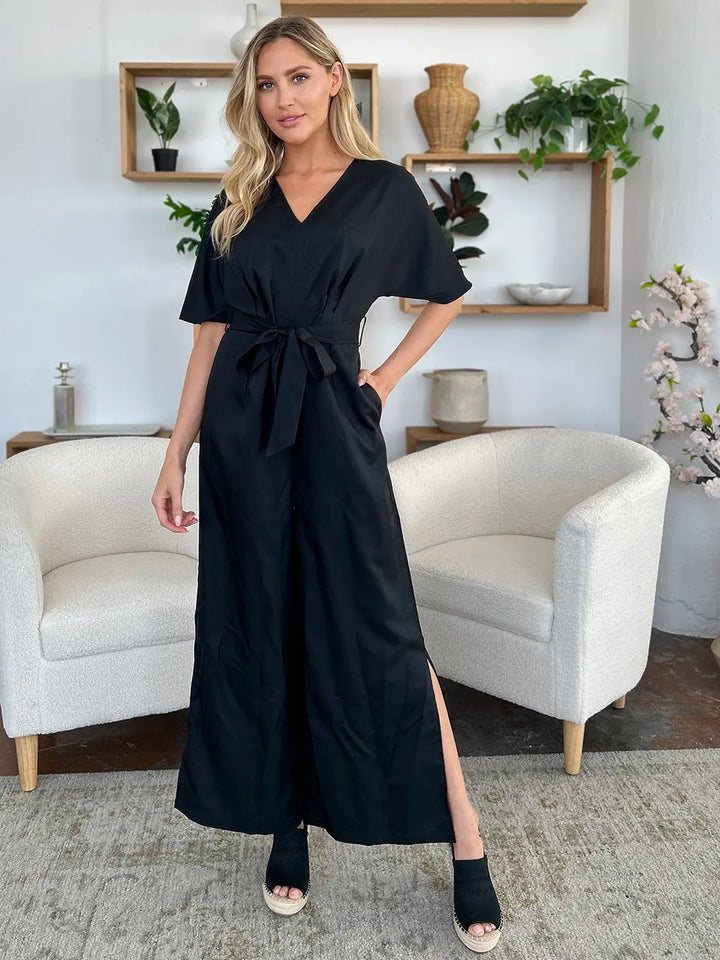 Double Take Full Size V Neck Tied Side Slit Jumpsuit