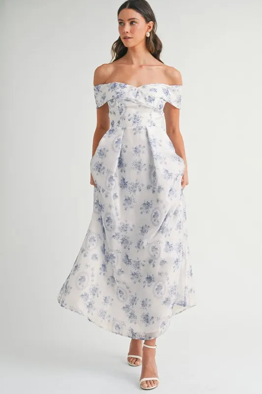 Blue Mable Floral Printed Off Shoulder Maxi Dress