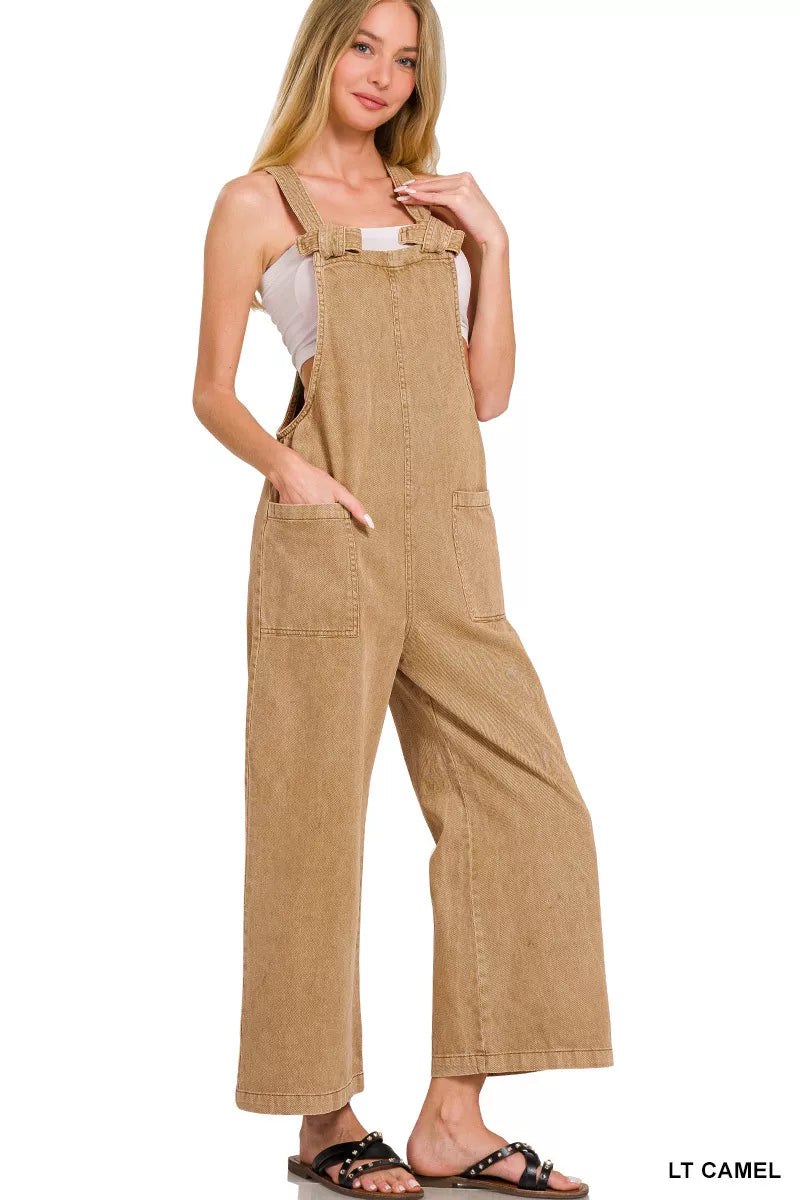 Lt Camel Zenana Washed Knot Strap Pockets Jumpsuit 1