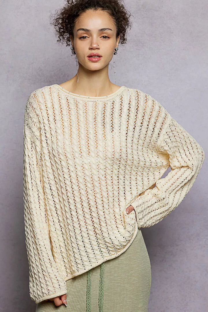 Pol Openwork Round Neck Knit Top With Shiny Detail