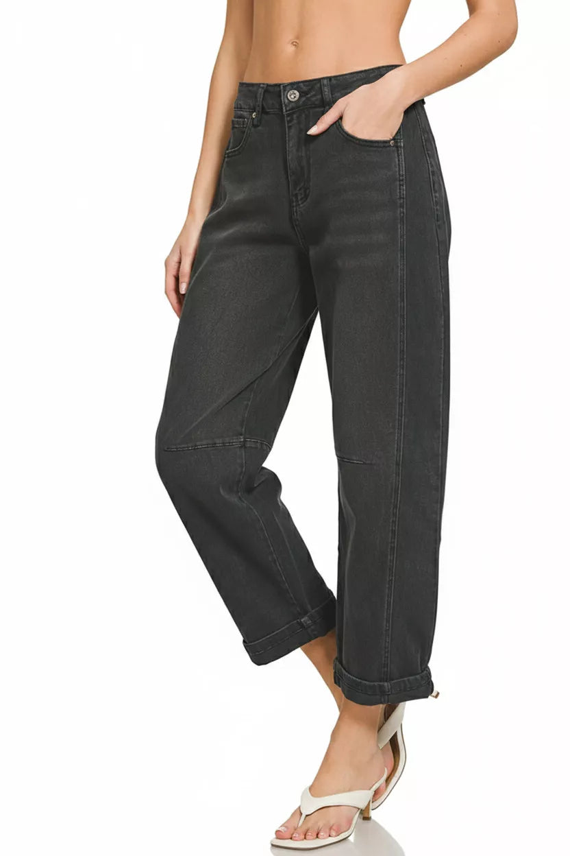 Black Zenana High Rise Barrel Leg Cropped Jeans