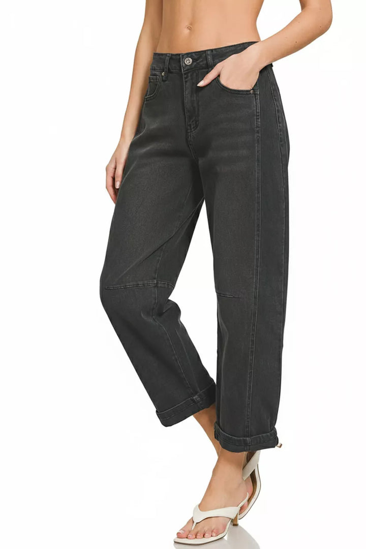 Black Zenana High Rise Barrel Leg Cropped Jeans